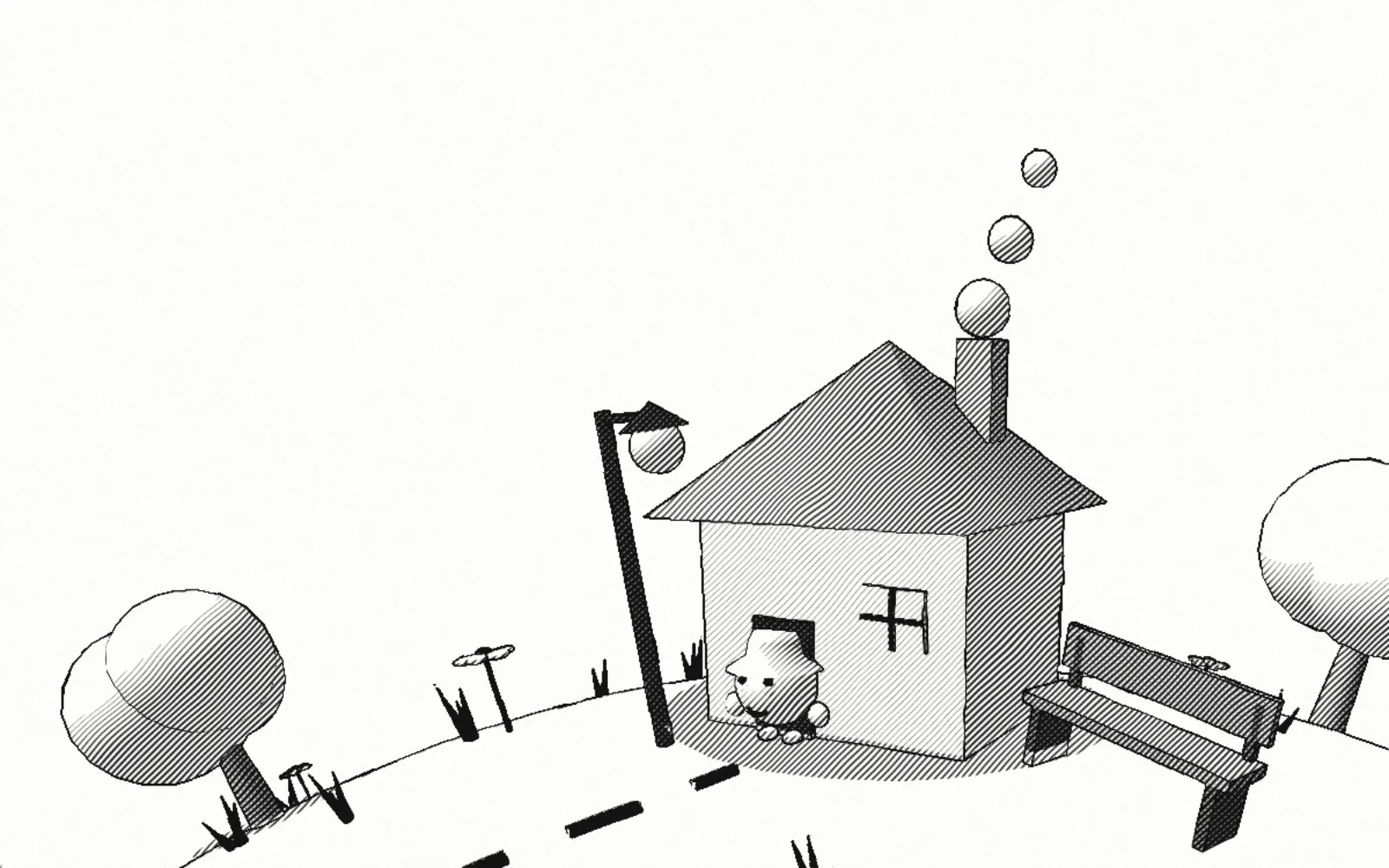 fig. 2, a small ink house with a porch lamp on a curved horizon