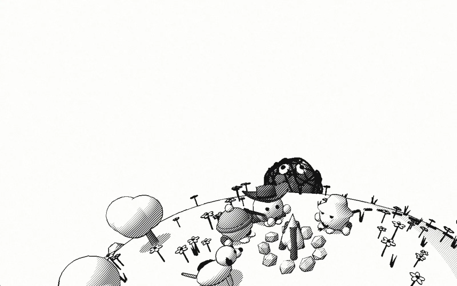 fig. 3, a crumpled thing at the pole and three homies around a campfire